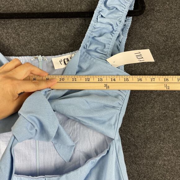 P Cill Linen Blend Mini Dress Womens Medium Blue Tie Front Ruffle Cut Out NEW - Picture 12 of 14